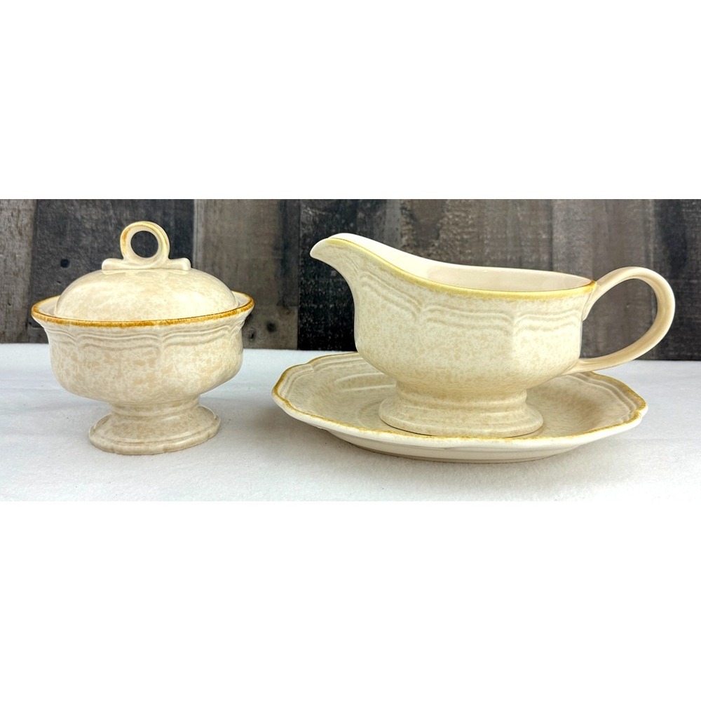 Mikasa Country Charm FG 000 Gravy Boat Underplate Sugar Bowl Set Cream Stoneware